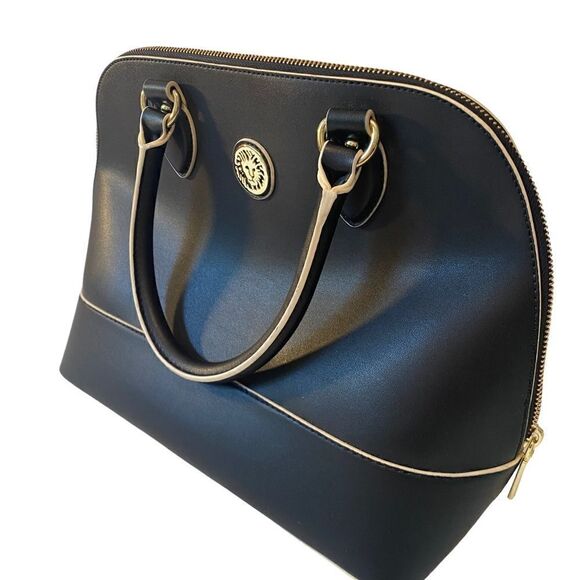 Anne Klein Black Satchel Subtly Lined w/ Beige Accents & Gold Hardware. - Picture 3 of 8